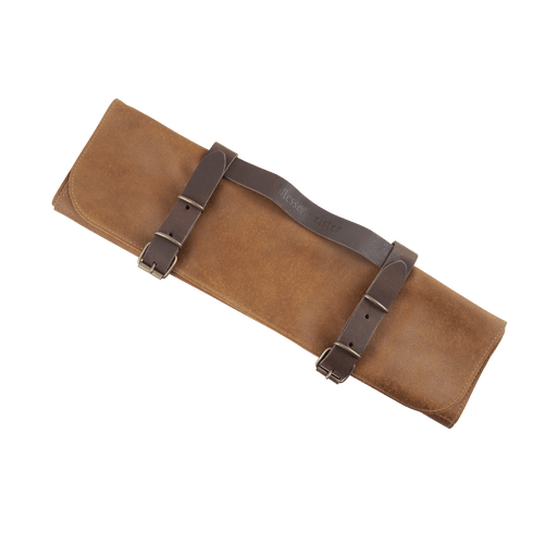 Messermeister | Vintage Leather 7 Pocket Knife Roll, Amber: A brown leather roll-up case with buckle straps and handle, designed to store up to 7 knives.