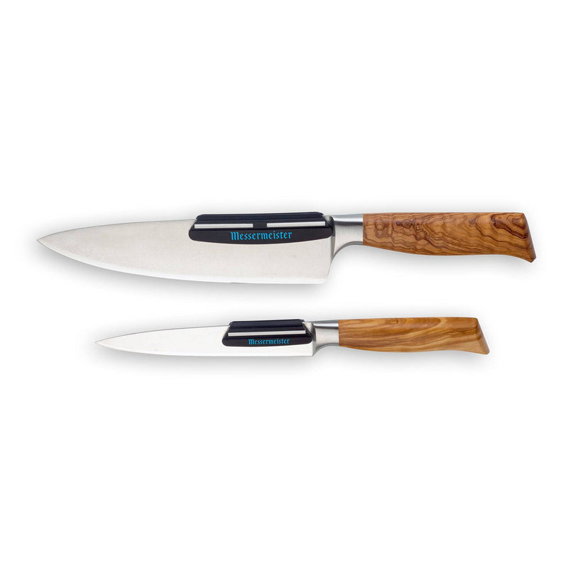 Messermeister | Sharpening Angle Guide Set displayed with chef's and paring knives, showcasing durable design for precise sharpening, aligning with Athens Cooks' curated kitchen essentials.