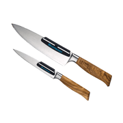 Messermeister | Sharpening Angle Guide Set displayed with two knives, showcasing black guards for perfect blade alignment and precision sharpening for chef and paring knives.