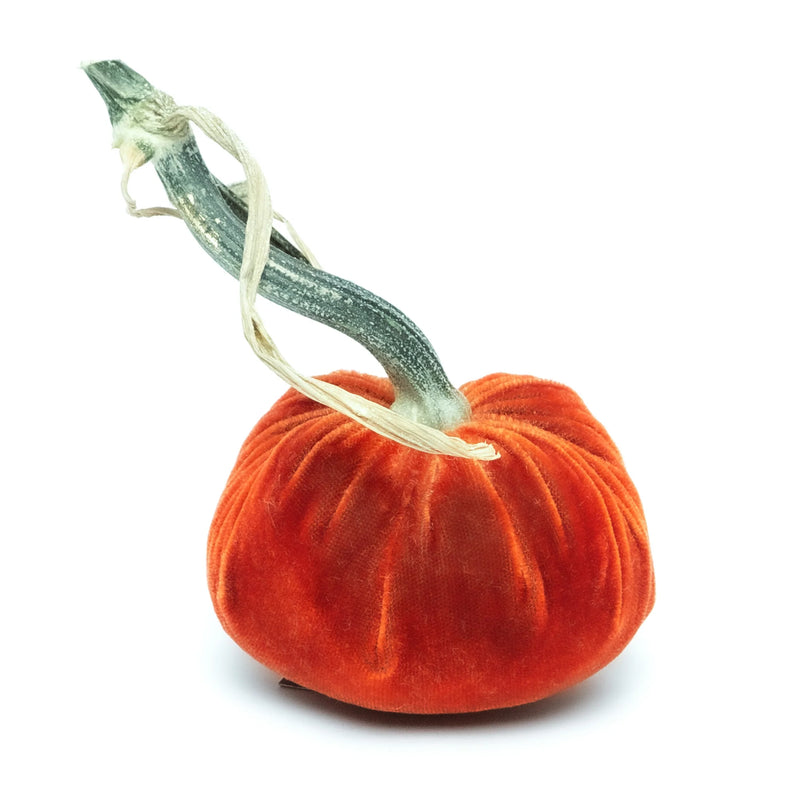 Hot Skwash Silk Velvet Pumpkin, 8 with unique stem, handcrafted by artisans in Oregon, adding elegance and charm to any decor.