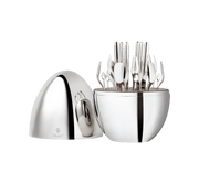 Christofle | MOOD Party 24 Pieces: A polished-silver flatware set stored in a dome-shaped case, featuring forks, knives, spoons, and cocktail picks for six guests.