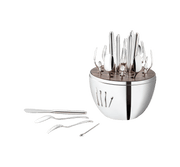 Christofle | MOOD Party 24 Pieces: Sculptural flatware set in a polished-metal caddy with knives, spoons, forks, and picks arranged vertically, showcasing contemporary entertaining elegance.