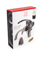 Peugeot | Baltaz Lever Corkscrew with Foil Cutter, Basalt in retail packaging, featuring a large photo of the corkscrew, base piece, cork, and Peugeot logo.