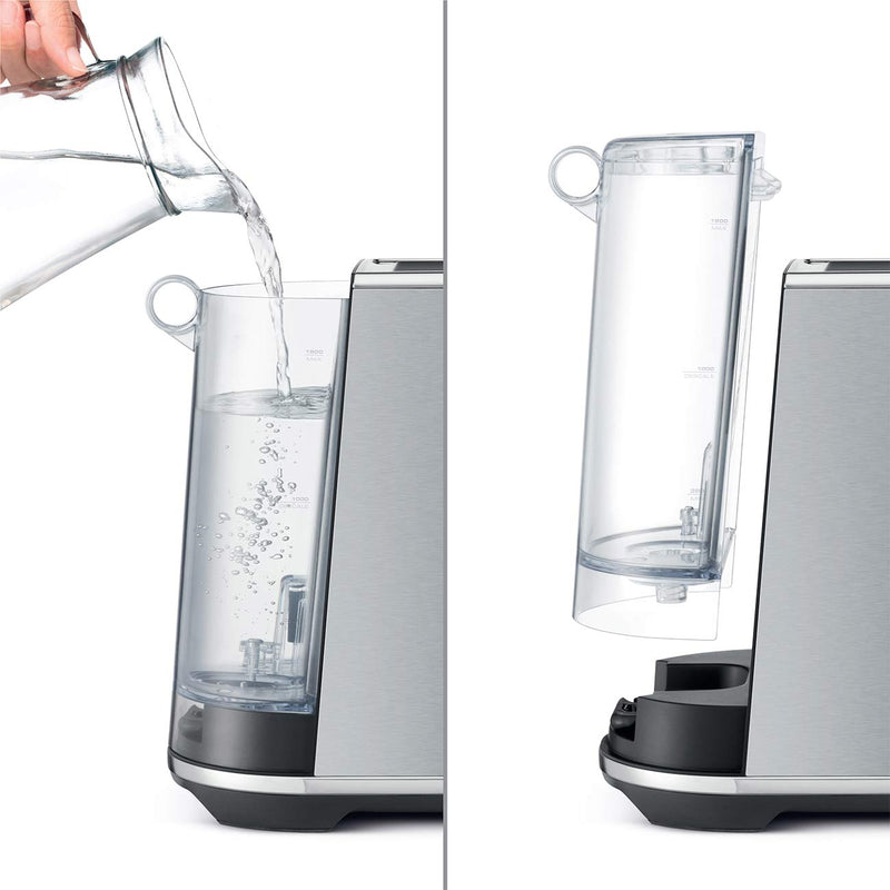 Breville | Bambino Plus espresso machine with detachable water reservoir, shown being filled and removed for convenient refilling and cleaning, ensuring optimal performance for barista-quality coffee.