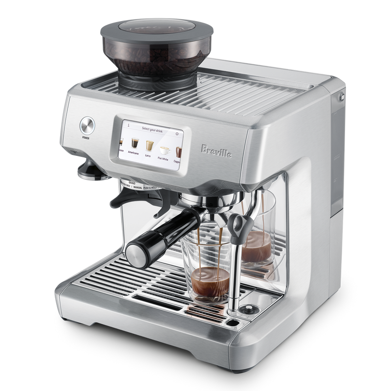 Breville | Barista Touch: Stainless-steel espresso machine with built-in grinder, touchscreen for drink choices, portafilter, and steam wand, ideal for home baristas.