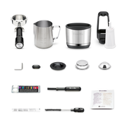 Breville | The Oracle Jet, Black Truffle accessories set, including portafilter, milk jug, tamper, cleaning tools, and filter baskets for optimal espresso machine maintenance and use.