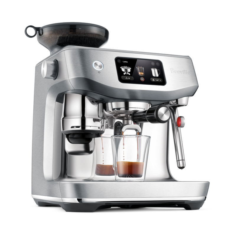 Breville | The Oracle Jet, Black Truffle, semi-automatic espresso machine with built-in grinder, pulling espresso shots, touchscreen display, and steam wand for home barista use.