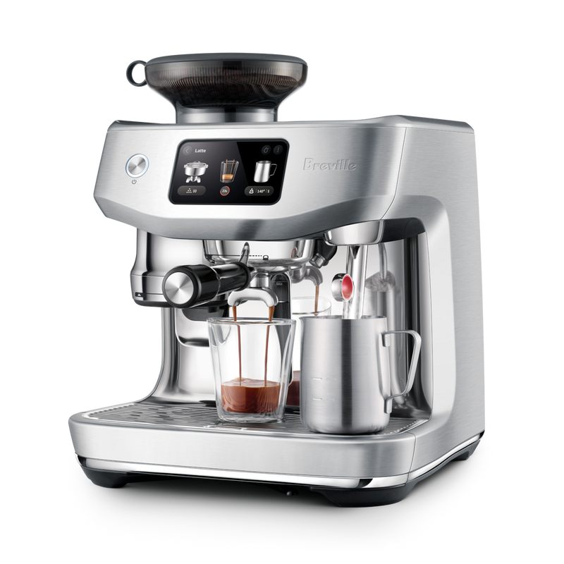 Breville | The Oracle Jet espresso machine with integrated grinder, touchscreen, and steam wand, offering café-style espresso and lattes.