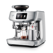 Breville | The Oracle Jet, Black Truffle: Stainless-steel countertop espresso machine with integrated grinder, digital display, and steam wand for precise espresso and microfoam milk crafting.