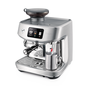 Breville | The Oracle Jet espresso machine, featuring a built-in grinder, digital touchscreen, portafilter, and steam wand with frothing pitcher, ideal for café-quality lattes.