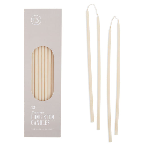 The Floral Society | Long Stem Beeswax Candles, Salt set, featuring 12 hand-dipped taper candles, ideal for enhancing intimate dining experiences with a warm, drip-free glow.