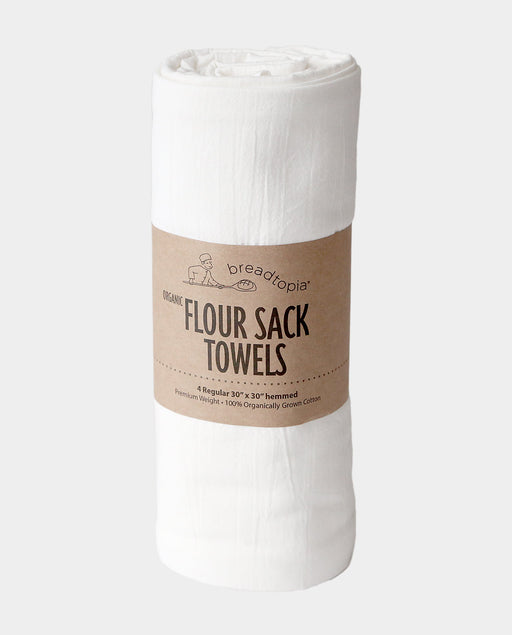 Breadtopia Organic Flour Sack Towels: Four premium, 30 x 30 hemmed towels made from 100% organically grown cotton, wrapped in brown paper. Ideal for versatile kitchen use.