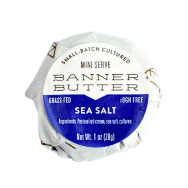 Banner Butter | Sea Salt - 5 oz, featuring a small round container with a blue label, perfect for enhancing grilled dishes with savory, smoky flavors.