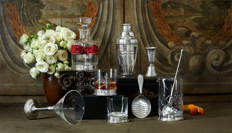 Italian Pewter Mixologist Tools - Double Jigger set featuring a handcrafted mixing glass with pewter strainer, ideal for elegant cocktail preparation.