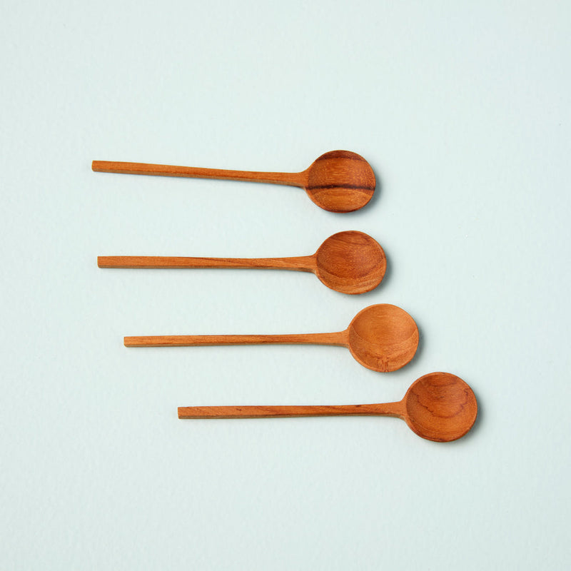 Be Home | Teak Thin Spoons Set of 4 - Small, handcrafted wooden spoons for elegant dining, perfect for stirring or serving, showcasing artisanal craftsmanship.