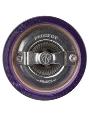 Peugeot | Bistro Salt Mill, Eggplant, featuring a top-down view of its durable, adjustable grinding mechanism with PEUGEOT – FRANCE stamped on the central burr.