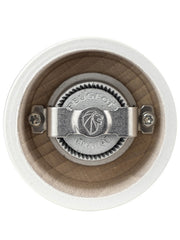 Peugeot | Bistro Pepper Mill, Ivory, showcasing the metal grinding mechanism with visible Peugeot France logo, highlighting adjustable grind size for optimal performance.