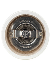 Underside view of the Peugeot | Bistro Salt Mill, Ivory, showcasing the metal grinding mechanism with “PEUGEOT FRANCE” and lion logo, highlighting its historic craftsmanship.
