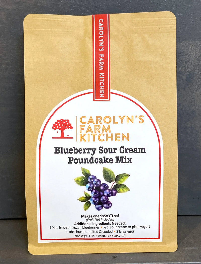 Carolyn's Farm Kitchen Blueberry Sour Cream Poundcake Mix in a stand-up pouch, requiring added ingredients for a moist, blueberry-infused loaf.