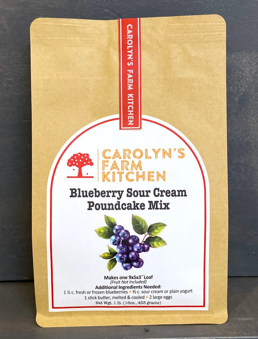 Carolyn's Farm Kitchen Blueberry Sour Cream Poundcake Mix in a stand-up pouch, requiring added ingredients for a moist, blueberry-infused loaf.
