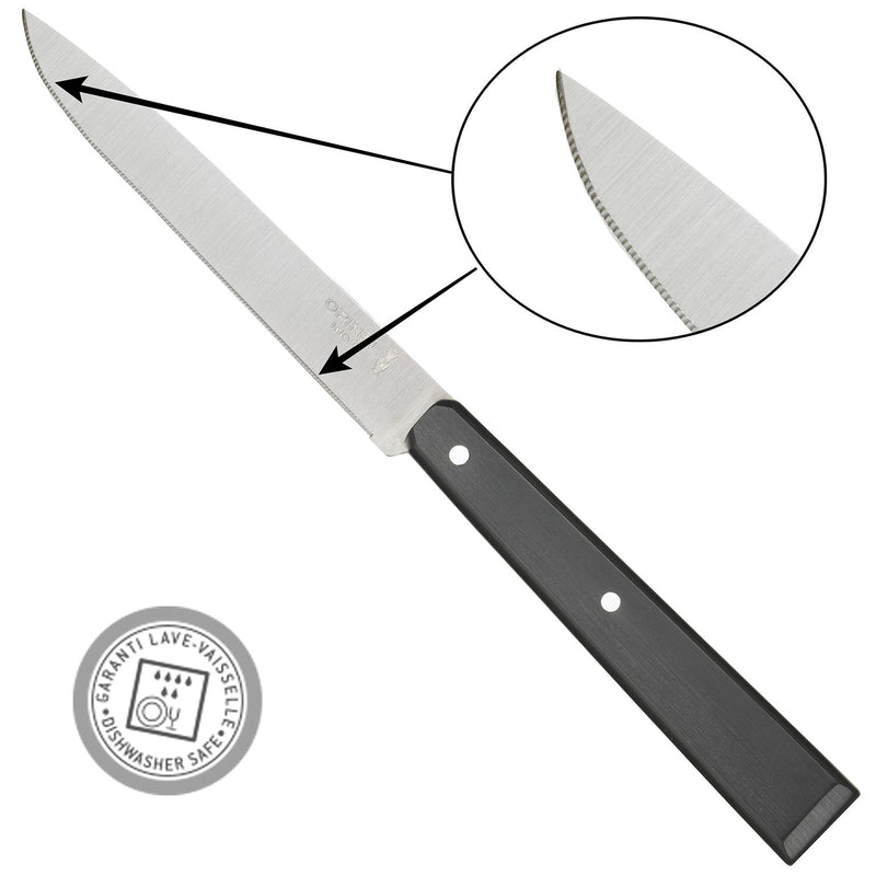 Opinel | Bon Appétit No.125 Steak & Table Knife with micro-serrated stainless steel blade, black plastic handle, and dishwasher-safe seal, highlighting serration detail.