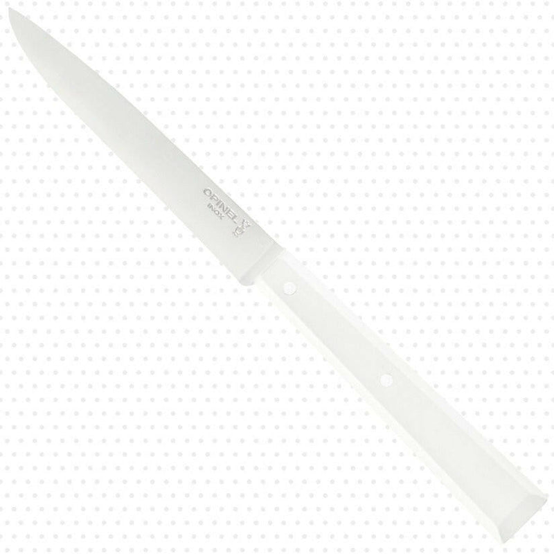 Opinel | Bon Appetit Steak Knife - Pepper with a white handle and stainless steel blade, featuring OPINEL INOX stamping, ideal for elegant dining.