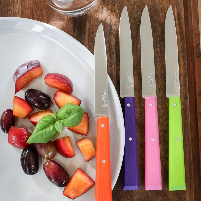 Opinel | Bon Appétit Steak Knives, Pink, displayed beside a plate of fruit, showcasing vibrant handles and sharp blades, ideal for enhancing any dining experience.