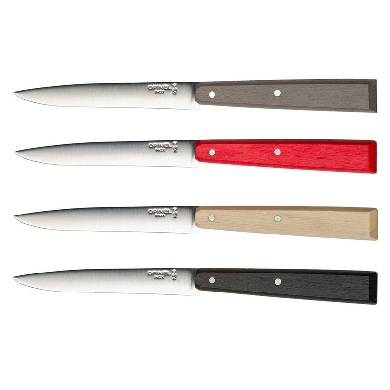 Opinel | Bon Appétit No.125 Steak & Table Knives Sets feature four knives with stainless-steel blades and colorful wooden handles, perfect for enhancing any dining experience.