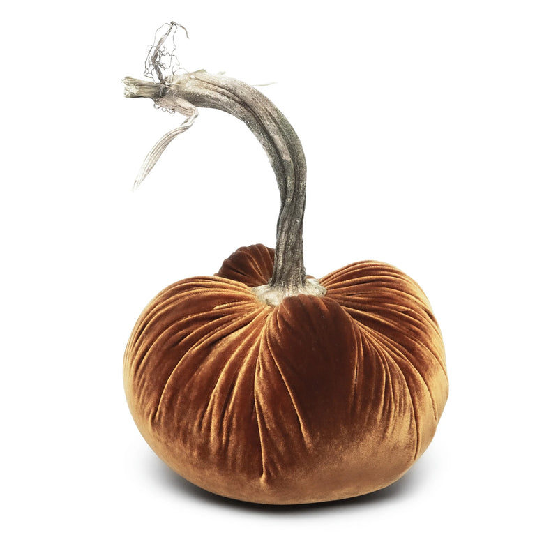 Close-up of a Hot Skwash silk velvet pumpkin in bronze, featuring a unique, naturally sourced stem, embodying handcrafted elegance and luxury.