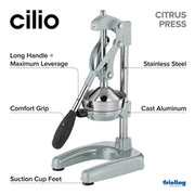 Frieling Amalfi Silver Matte Citrus Press, a manual juicer showcasing detailed instructions, ideal for effortlessly extracting juice from citrus fruits.