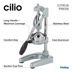 Frieling Amalfi Silver Matte Citrus Press, a manual juicer showcasing detailed instructions, ideal for effortlessly extracting juice from citrus fruits.