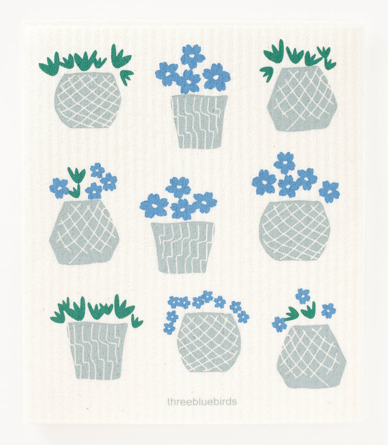 Three Bluebirds Swedish Dishcloths | Flower Pots on White Swedish Dishcloth