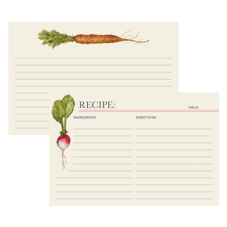 Hester & Cook | Farmer's Market Recipe Card featuring illustrations of a carrot and radish, ideal for organizing favorite recipes.