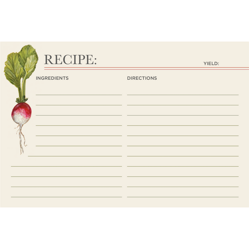 Hester & Cook Farmer's Market Recipe Card featuring a radish illustration, ideal for organizing and recording favorite recipes from Athens Cooks' curated kitchen collection.