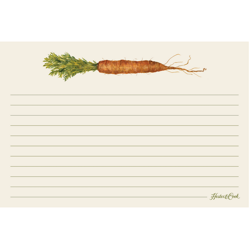 Hester & Cook | Farmer's Market Recipe Card featuring a detailed illustration of a carrot with green leaves, perfect for organizing recipes from Athens Cooks.