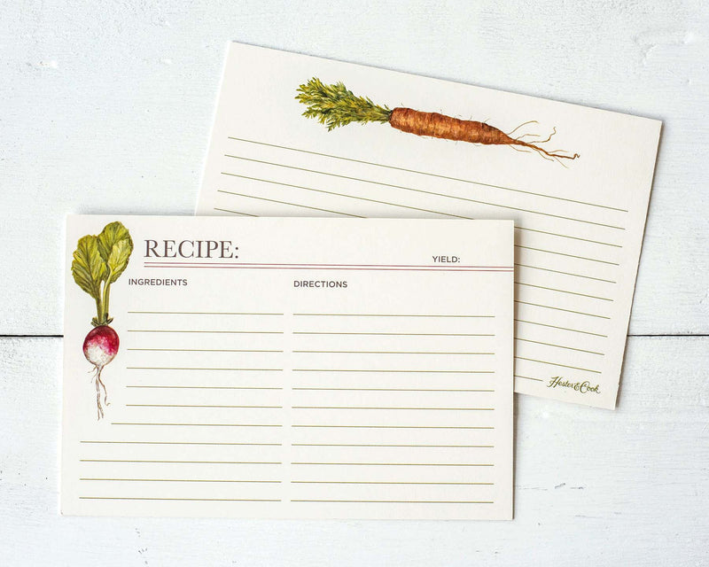 Hester & Cook Farmer's Market Recipe Card featuring vegetable illustrations, perfect for organizing culinary creations, available at Athens Cooks kitchen store.