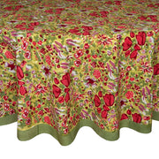 Caravan Home 71 x 71 Red & Green Tablecloth featuring a vibrant floral pattern, handprinted on French linen, inspired by Southern France gardens.