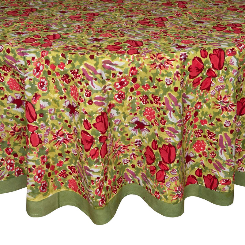 Caravan Home 71 x 71 Red & Green Tablecloth featuring a vibrant floral pattern, handprinted on French linen, inspired by Southern France gardens.