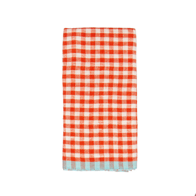 Caravan Home | 20 x 30 Gingham Orange & Aqua Towels: Folded towel with an orange-and-white gingham pattern, featuring a subtle pale-blue stripe along the bottom edge.