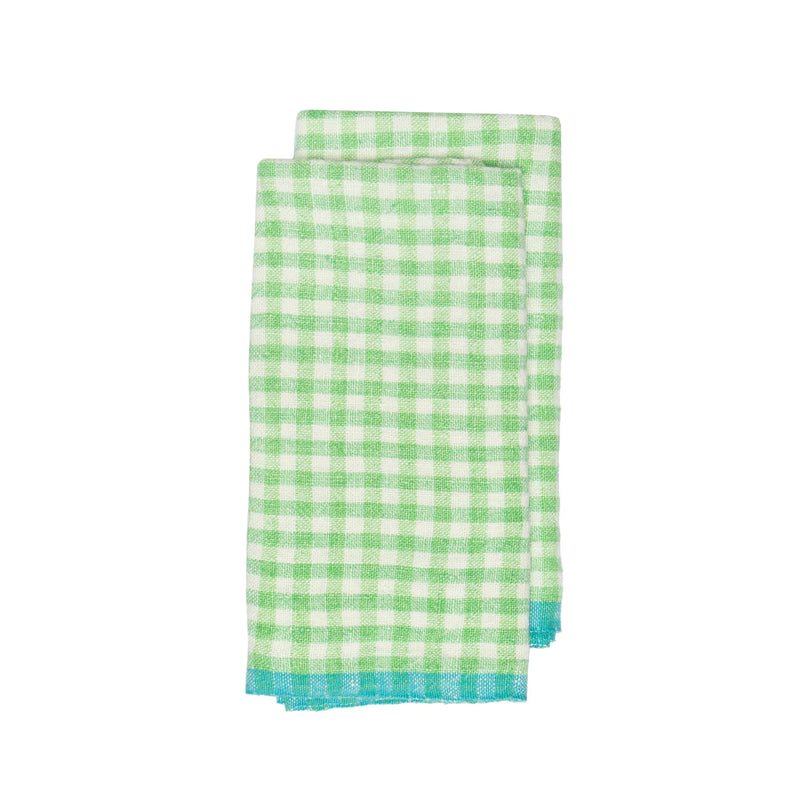 Caravan Home | 20 x 30 Lime & Aqua Towels: Green-and-white gingham towel with blue trim, ideal for adding charm to kitchens, bathrooms, or casual dining settings.