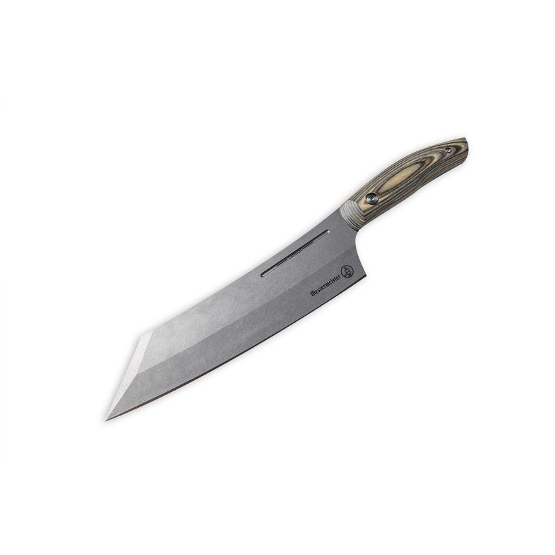 Messermeister | Bunka 8 Chef's Knife with a stone-washed blade and wood-laminate handle, designed for precision slicing and chopping in professional kitchens.