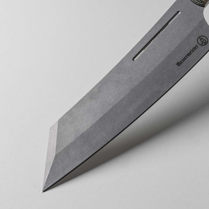 Messermeister | Bunka 8 Chef's Knife: Close-up of the carbon-steel blade with angular tip, stamped logo, showcasing precision and versatility for serious cooks.