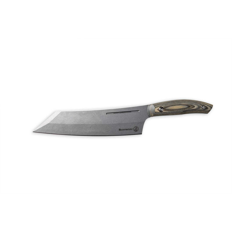 Messermeister | Bunka 8 Chef's Knife with a stone-washed steel blade and ergonomic wood handle, embodying precision and versatility for serious cooks.