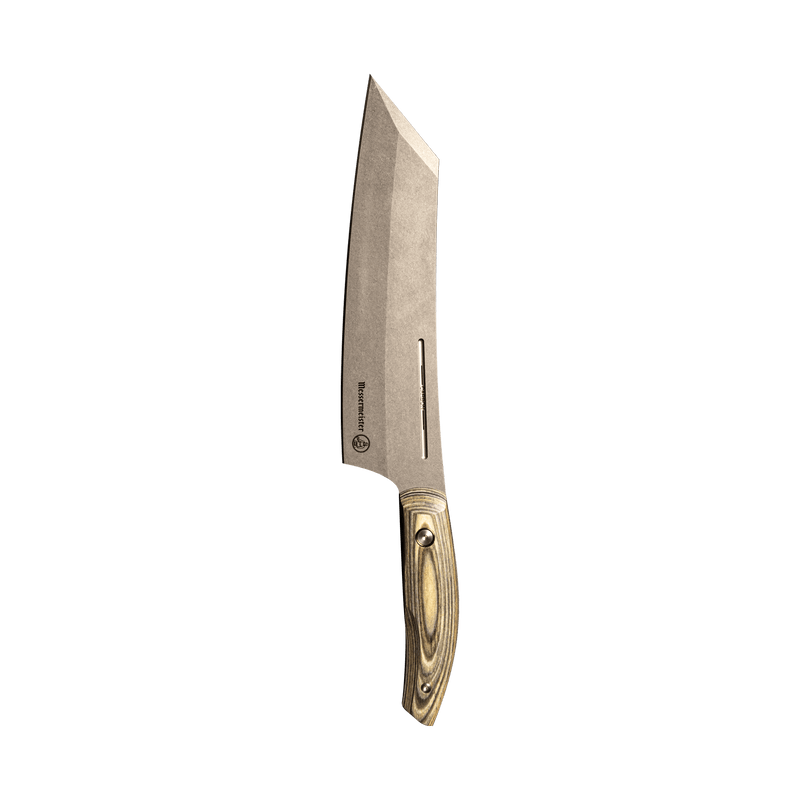 Messermeister | Bunka 8 Chef's Knife with a high-carbon steel blade and ergonomic wooden handle, designed for precision slicing and chopping.