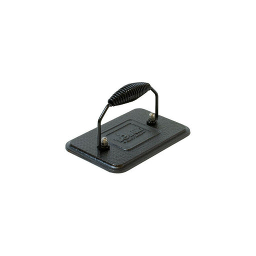 Lodge Cast Iron Grill Presses - Rectangular, 6.75 x 4.5, a black metal press with handle, perfect for grilling sandwiches and keeping bacon flat.