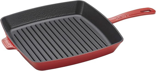 Staub Cast Iron Square Grill Pan - Cherry, ideal for indoor grilling with high-heat cooking, features grill ridges to elevate food and drain fat.