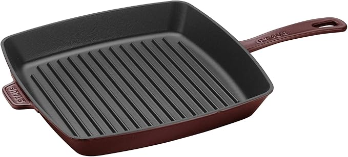 Staub Cast Iron Square Grill Pan - Grenadine, ideal for high-heat indoor grilling with authentic grill marks, elevating food to drain fat, perfect for kitchen to table.