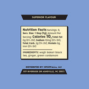 Spicewalla | Chai Pani Ginger Chai label; features nutritional facts and ingredients like black tea, ginger, cardamom; offers brewing instructions for a soothing beverage.