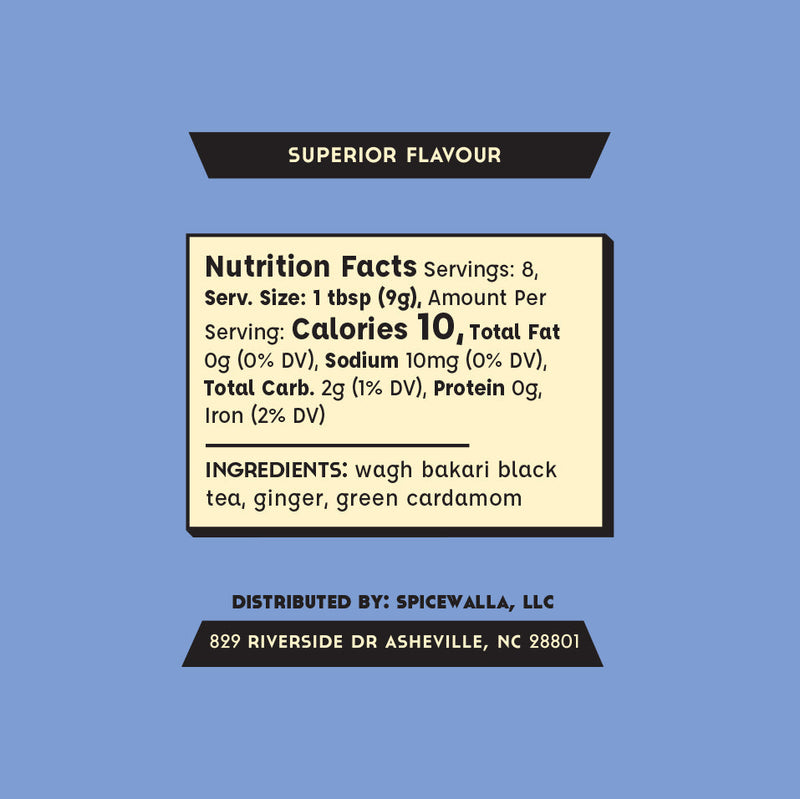 Spicewalla | Chai Pani Ginger Chai label; features nutritional facts and ingredients like black tea, ginger, cardamom; offers brewing instructions for a soothing beverage.