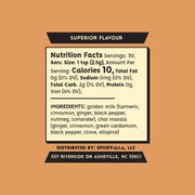 Spicewalla | Chai Spiced Golden Milk label highlighting superior flavor, nutrition facts, and unique blend of golden milk and chai masala, distributed by Spicewalla, LLC.